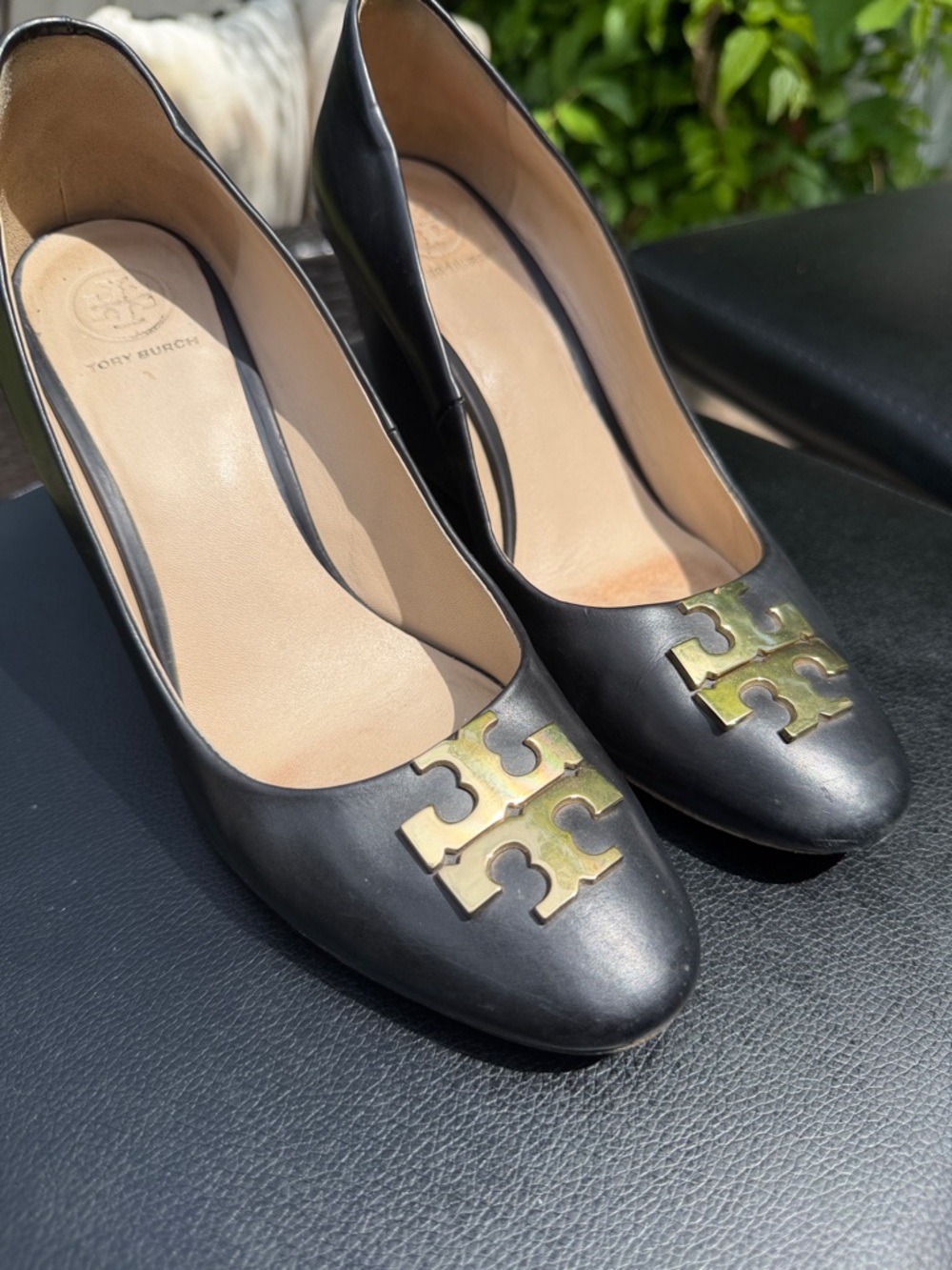 Tory Burch Black Leather Wedge with Gold Logo